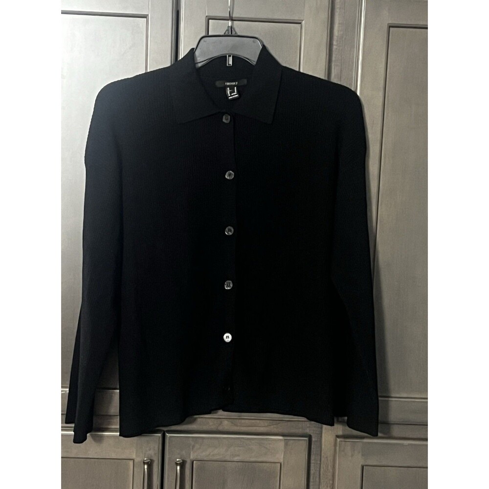forever 21 Black Ribbed Polo Cardigan Sweater Women’s Medium